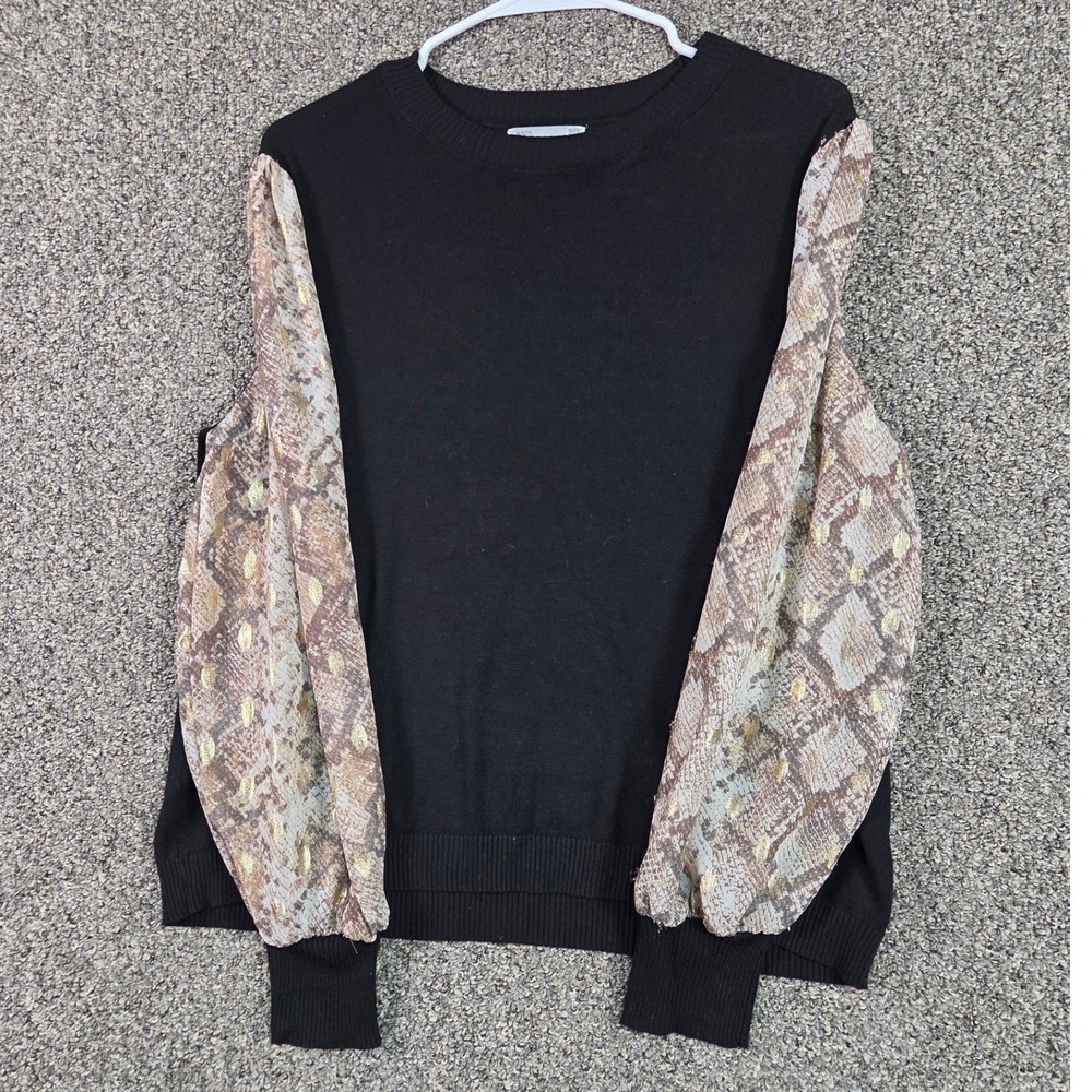 89th + Madison Sweater Women XL‎ Black Snake Print Metallic Foil Puff Sleeve